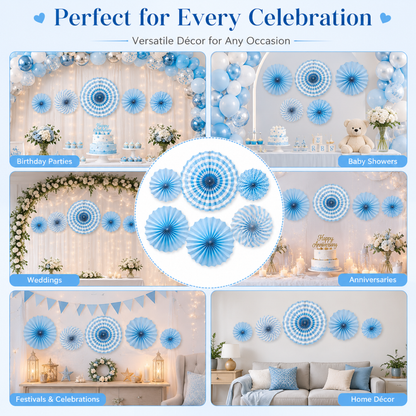 Blue Paper Fan Decorations - 6PC
