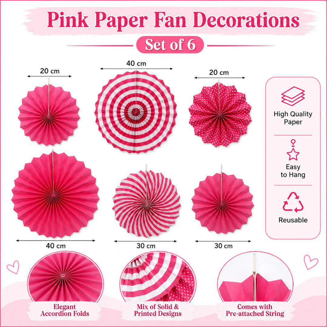 Pink Paper Fan Decorations - 6PC