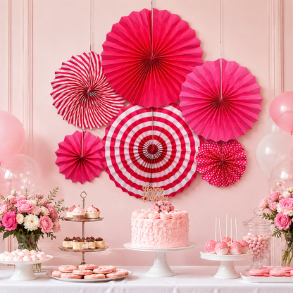 Pink Paper Fan Decorations - 6PC