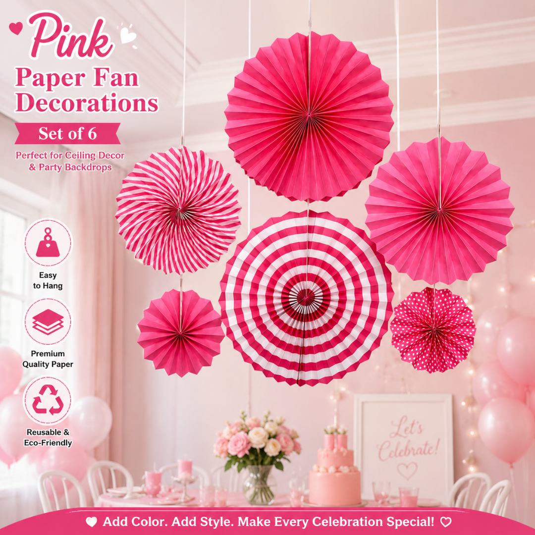 Pink Paper Fan Decorations - 6PC