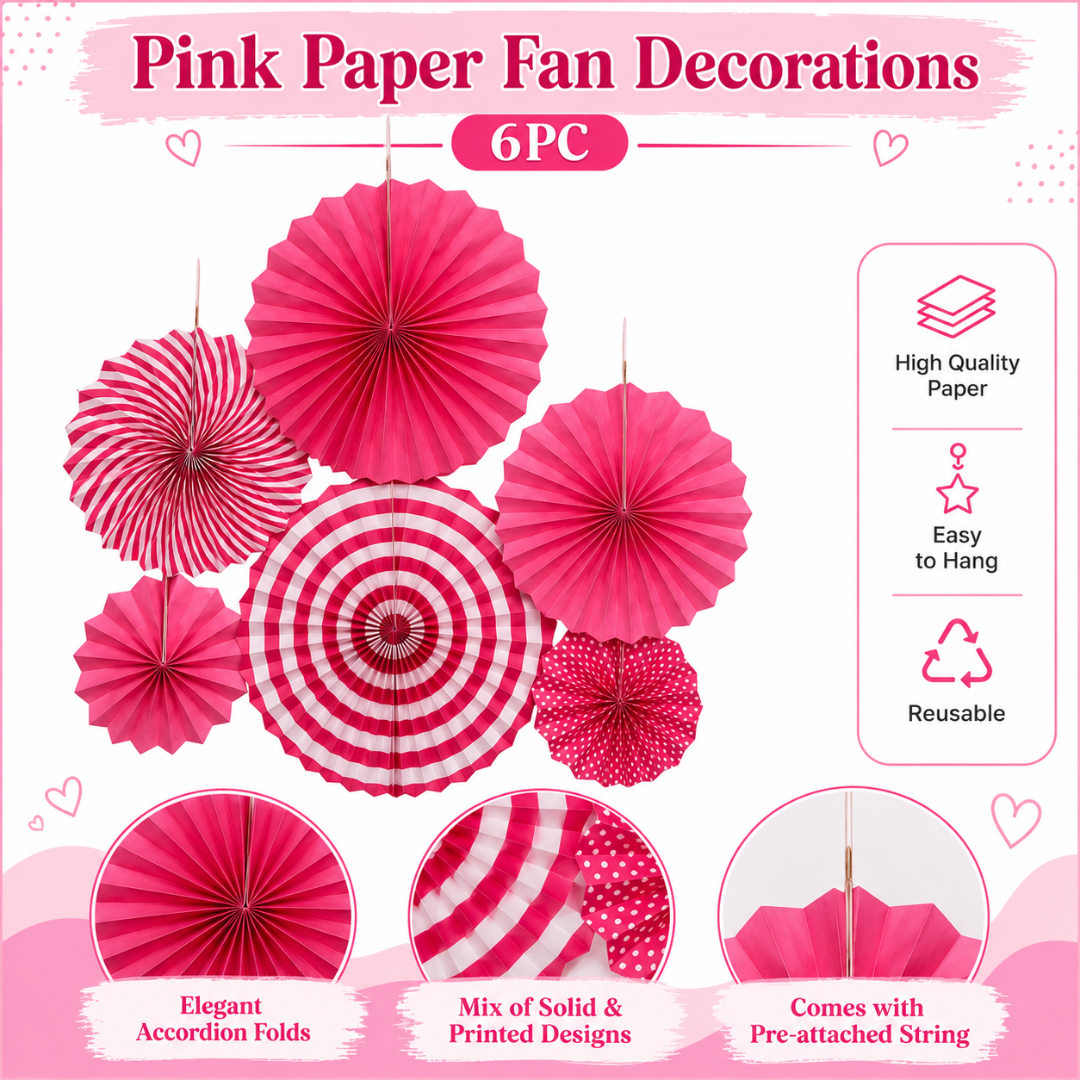 Pink Paper Fan Decorations - 6PC