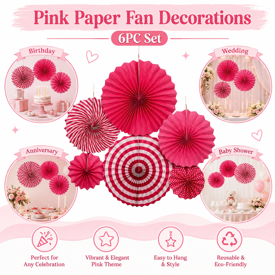 Pink Paper Fan Decorations - 6PC