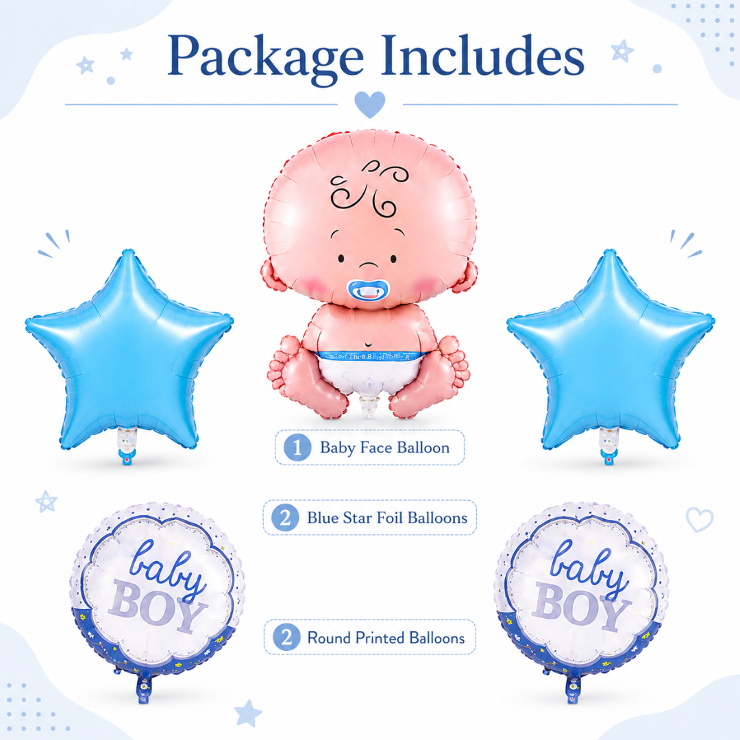 Baby Boy Shaped Foil Balloon Bouquet Set - 5PC
