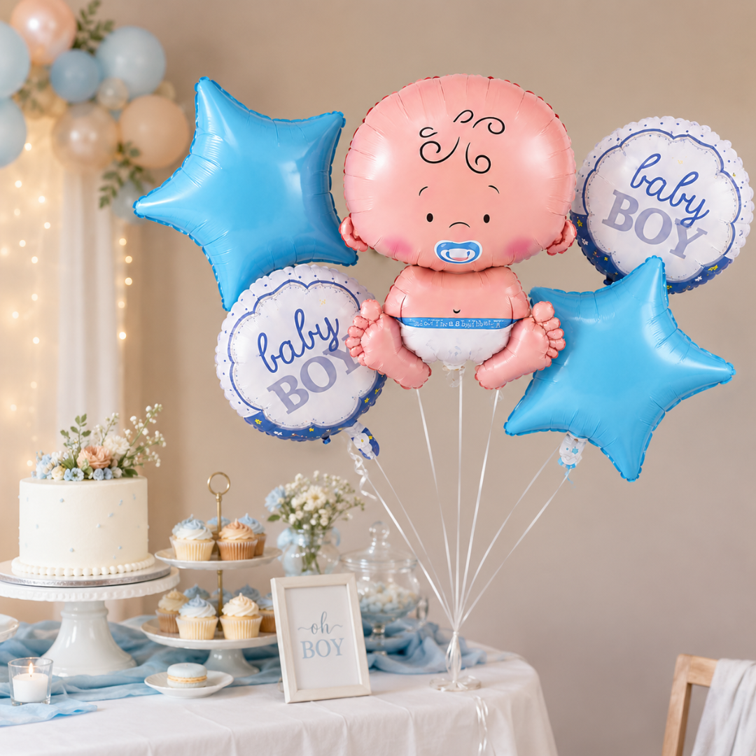 Baby Boy Shaped Foil Balloon Bouquet Set - 5PC