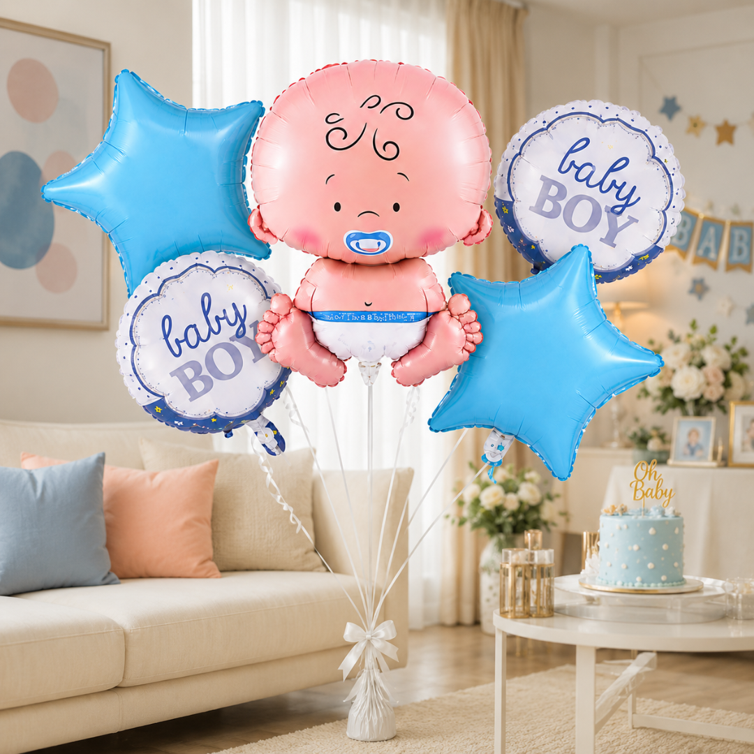 Baby Boy Shaped Foil Balloon Bouquet Set - 5PC