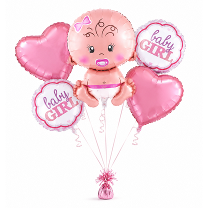 Baby Girl Balloon Bouquet Set – 5 Pcs | Cute Pink Foil Balloons with Baby Face & Hearts for Baby Shower, Welcome Baby & Newborn Room Decoration