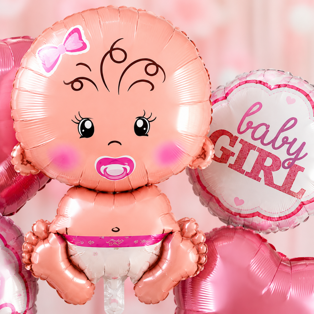 Baby Girl Balloon Bouquet Set – 5 Pcs | Cute Pink Foil Balloons with Baby Face & Hearts for Baby Shower, Welcome Baby & Newborn Room Decoration
