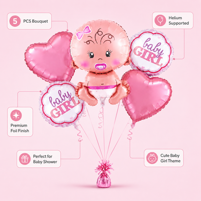 Baby Girl Balloon Bouquet Set – 5 Pcs | Cute Pink Foil Balloons with Baby Face & Hearts for Baby Shower, Welcome Baby & Newborn Room Decoration