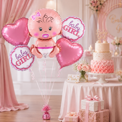 Baby Girl Balloon Bouquet Set – 5 Pcs | Cute Pink Foil Balloons with Baby Face & Hearts for Baby Shower, Welcome Baby & Newborn Room Decoration