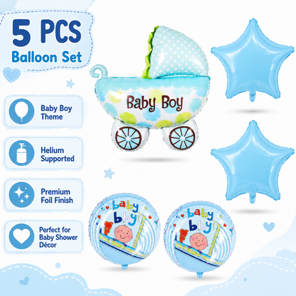 Baby Boy Pram Balloon Bouquet Set – 5 Pcs | Cute Blue Baby Carriage Foil Balloons for Baby Shower, Welcome Baby & Newborn Room Decoration