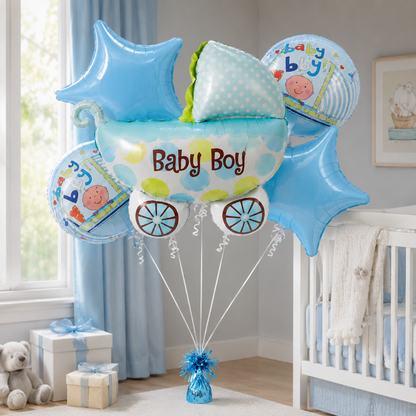 Baby Boy Pram Balloon Bouquet Set – 5 Pcs | Cute Blue Baby Carriage Foil Balloons for Baby Shower, Welcome Baby & Newborn Room Decoration