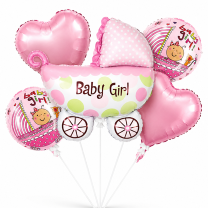Baby Girl Pram Balloon Bouquet Set – 5 Pcs | Cute Pink Baby Carriage Foil Balloons for Baby Shower, Welcome Baby & Newborn Room Decoration