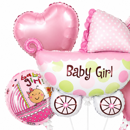 Baby Girl Pram Balloon Bouquet Set – 5 Pcs | Cute Pink Baby Carriage Foil Balloons for Baby Shower, Welcome Baby & Newborn Room Decoration