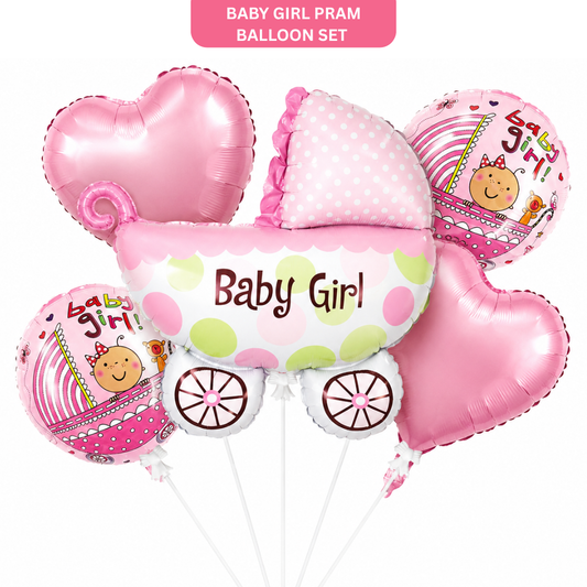 Baby Girl Pram Balloon Bouquet Set – 5 Pcs | Cute Pink Baby Carriage Foil Balloons for Baby Shower, Welcome Baby & Newborn Room Decoration