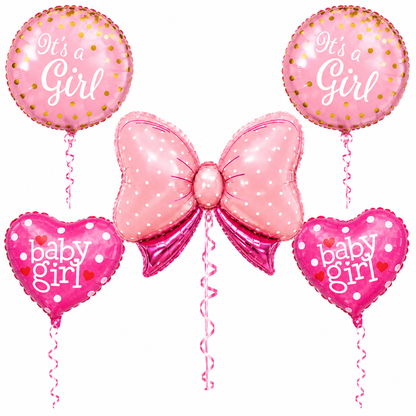 Pink Bow It’s a Girl Balloon Bouquet Set – 5 Pcs | Cute Pink Foil Balloons for Baby Shower, Welcome Baby Girl & Newborn Room Decoration