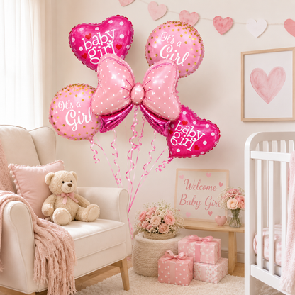 Pink Bow It’s a Girl Balloon Bouquet Set – 5 Pcs | Cute Pink Foil Balloons for Baby Shower, Welcome Baby Girl & Newborn Room Decoration