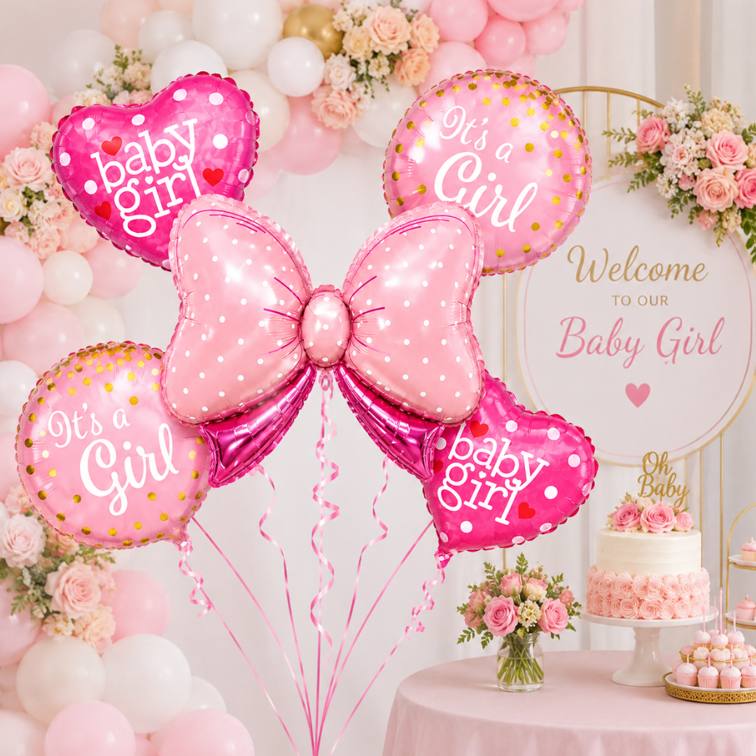 Pink Bow It’s a Girl Balloon Bouquet Set – 5 Pcs | Cute Pink Foil Balloons for Baby Shower, Welcome Baby Girl & Newborn Room Decoration