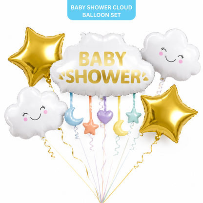 Baby Shower Cloud Balloon Bouquet Set – 5 Pcs | Cute Cloud & Gold Star Foil Balloons for Baby Shower, Welcome Baby Party & Newborn Room Decoration