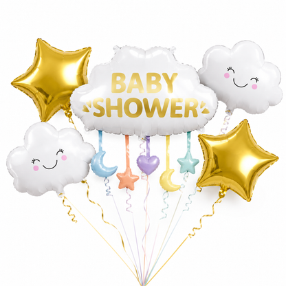 Baby Shower Cloud Balloon Bouquet Set – 5 Pcs | Cute Cloud & Gold Star Foil Balloons for Baby Shower, Welcome Baby Party & Newborn Room Decoration