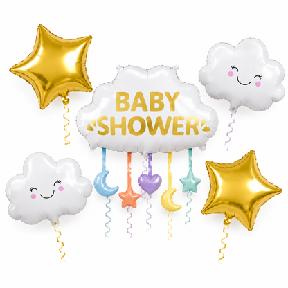 Baby Shower Cloud Balloon Bouquet Set – 5 Pcs | Cute Cloud & Gold Star Foil Balloons for Baby Shower, Welcome Baby Party & Newborn Room Decoration