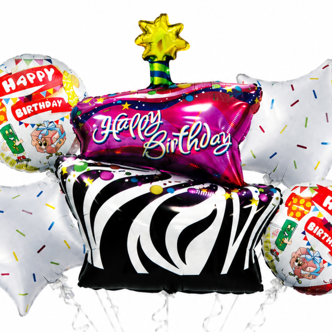 Zebra Print Happy Birthday Cake Balloon Bouquet Set – 5 Pcs | Fun Cake, Star & Round Foil Balloons for Birthday Party Decoration