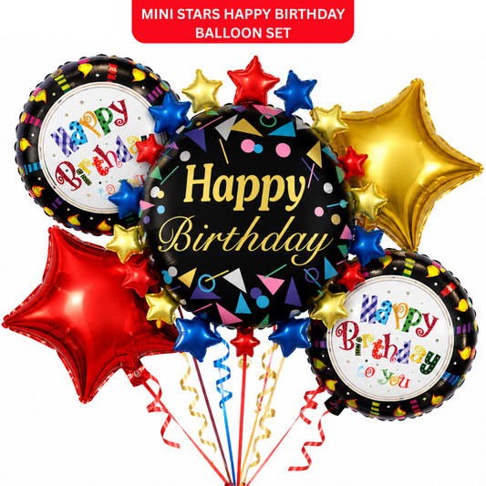 Mini Stars & Bunting Print Happy Birthday Balloon Bouquet Set – 5 Pcs | Colorful Foil Balloons for Kids Birthday Party & Celebration Decoration