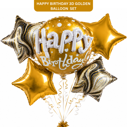 Happy Birthday 3D Golden Balloon Bouquet Set – 5 Pcs | Premium Gold Star Foil Balloons for Birthday Party Decoration