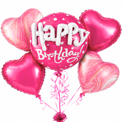 Happy Birthday 3D Pink Balloon Bouquet Set – 5 Pcs | Pink Heart Foil Balloons for Birthday Party Decoration