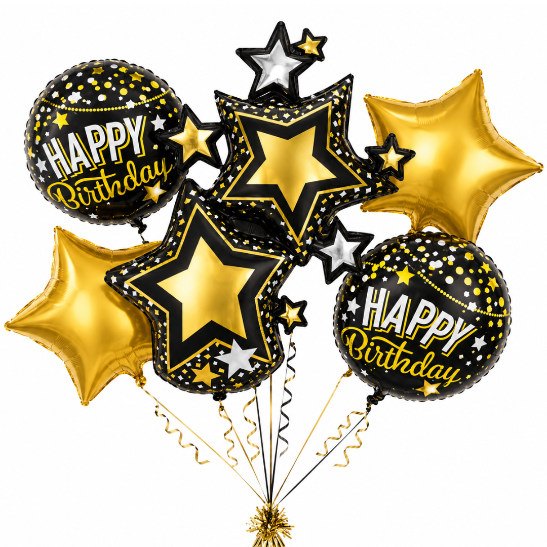 Starry Nights Birthday Foil Balloon Bouquet Set of 5 | Black & Gold Theme Helium Supported Balloons for Birthday Party Decoration, Cake Table Setup & Celebration Backdrop