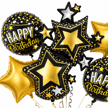 Starry Nights Birthday Foil Balloon Bouquet Set of 5 | Black & Gold Theme Helium Supported Balloons for Birthday Party Decoration, Cake Table Setup & Celebration Backdrop