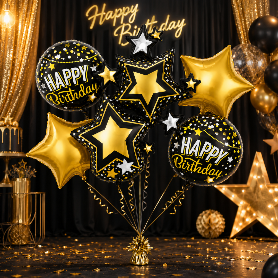 Starry Nights Birthday Foil Balloon Bouquet Set of 5 | Black & Gold Theme Helium Supported Balloons for Birthday Party Decoration, Cake Table Setup & Celebration Backdrop