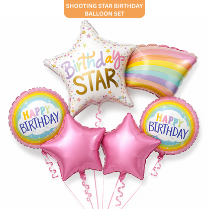 Shooting Star Birthday Balloon Bouquet Set – 5 Pcs | Cute Rainbow & Pink Star Foil Balloons for Kids Birthday Party Decoration