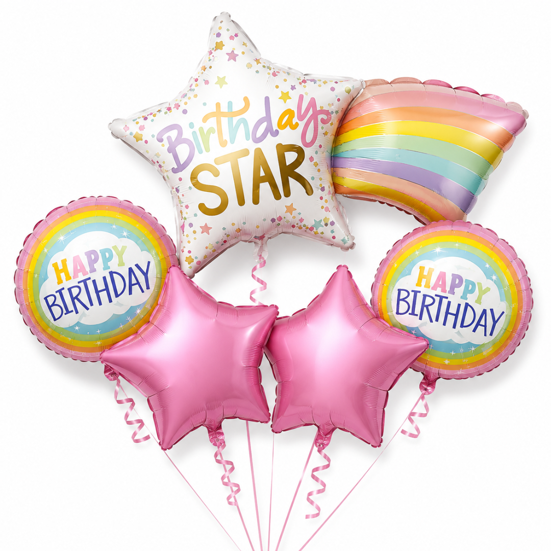 Shooting Star Birthday Balloon Bouquet Set – 5 Pcs | Cute Rainbow & Pink Star Foil Balloons for Kids Birthday Party Decoration