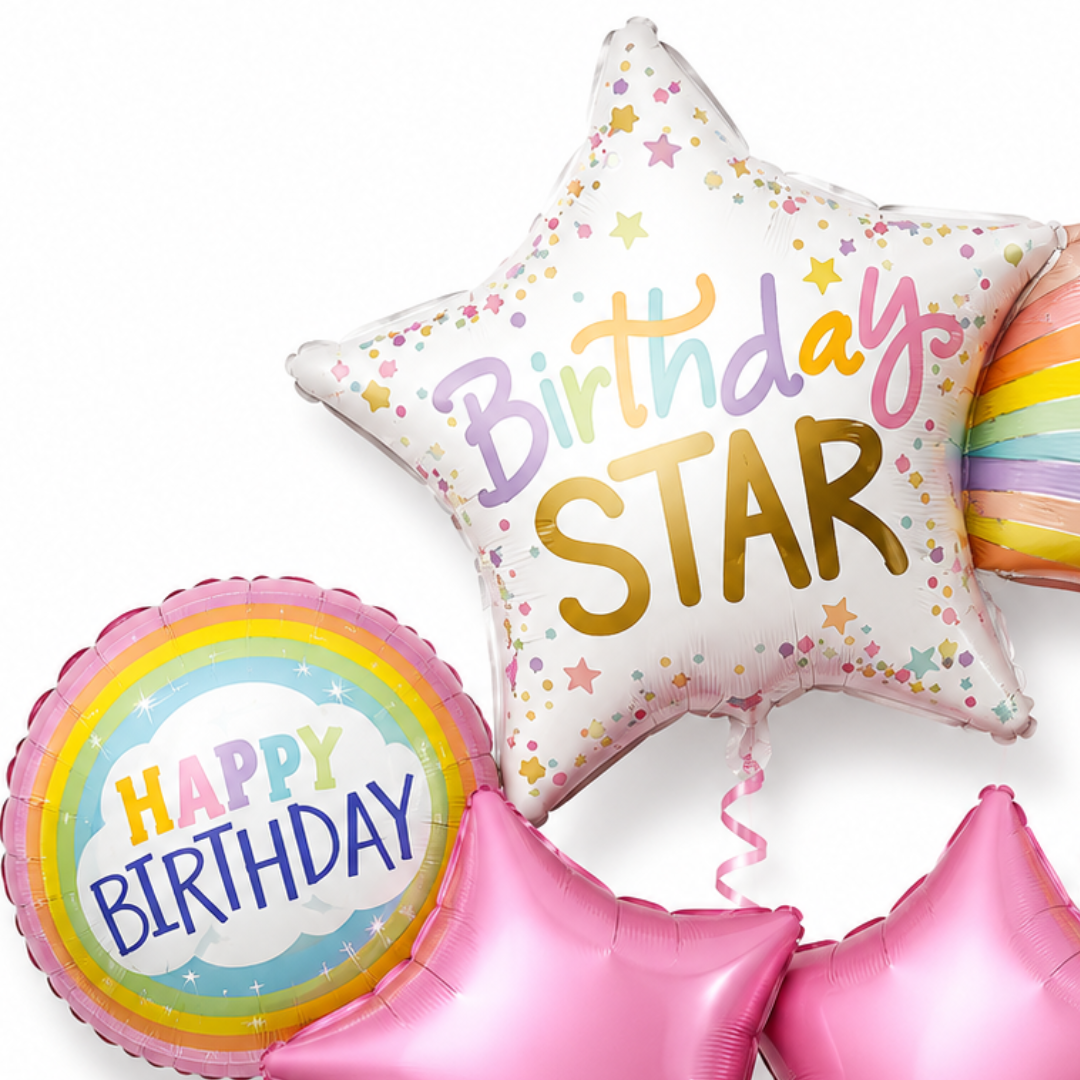 Shooting Star Birthday Balloon Bouquet Set – 5 Pcs | Cute Rainbow & Pink Star Foil Balloons for Kids Birthday Party Decoration