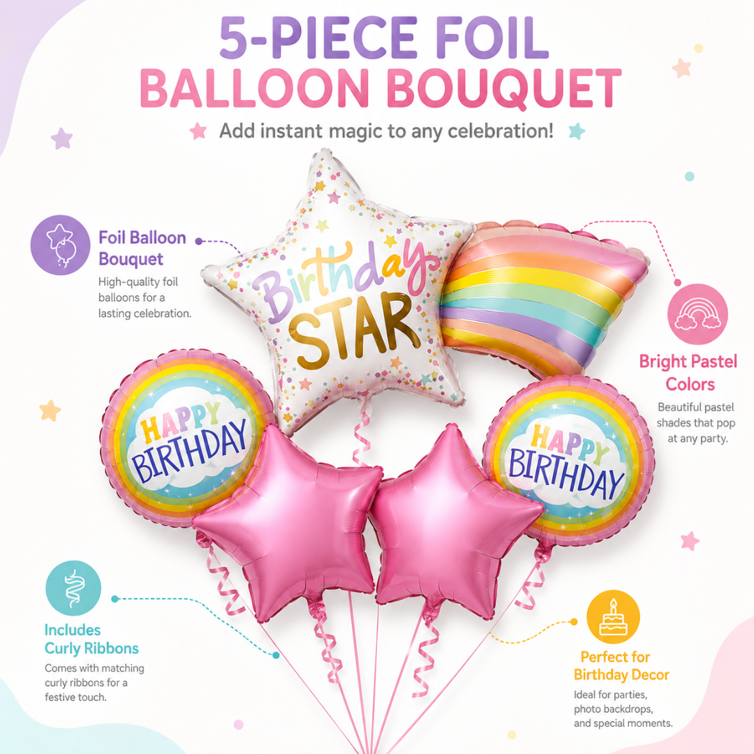 Shooting Star Birthday Balloon Bouquet Set – 5 Pcs | Cute Rainbow & Pink Star Foil Balloons for Kids Birthday Party Decoration