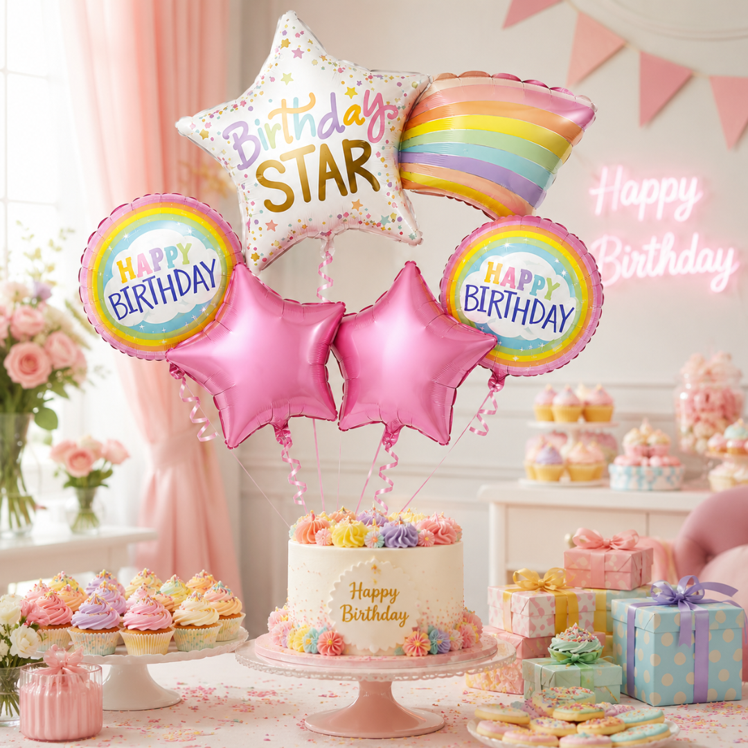 Shooting Star Birthday Balloon Bouquet Set – 5 Pcs | Cute Rainbow & Pink Star Foil Balloons for Kids Birthday Party Decoration