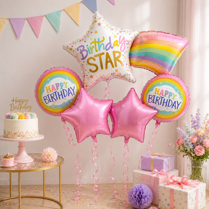 Shooting Star Birthday Balloon Bouquet Set – 5 Pcs | Cute Rainbow & Pink Star Foil Balloons for Kids Birthday Party Decoration