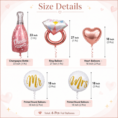 Cheers Pink Champagne Bridal Shower Balloon Bouquet Set – 6 Pcs | Bride-to-Be, Mr & Mrs Foil Balloons for Bridal Shower, Bachelorette & Wedding Party Decoration