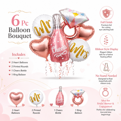 Cheers Pink Champagne Bridal Shower Balloon Bouquet Set – 6 Pcs | Bride-to-Be, Mr & Mrs Foil Balloons for Bridal Shower, Bachelorette & Wedding Party Decoration