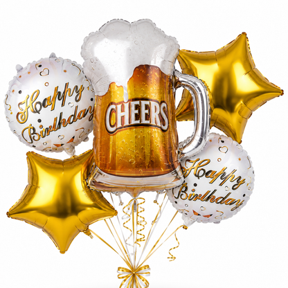 Cheers on Beers Birthday Balloon Bouquet Set – 5 Pcs | Fun Beer Mug & Gold Star Foil Balloons for Adult Birthday Party Decoration