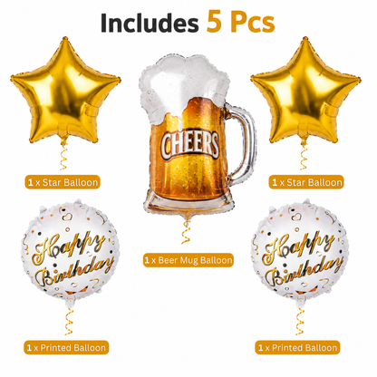 Cheers on Beers Birthday Balloon Bouquet Set – 5 Pcs | Fun Beer Mug & Gold Star Foil Balloons for Adult Birthday Party Decoration