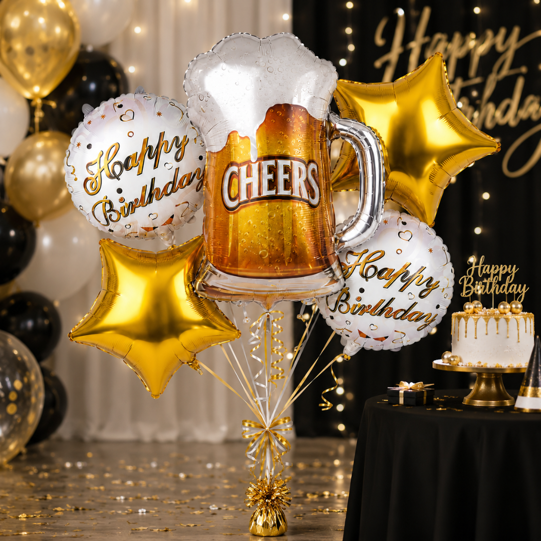 Cheers on Beers Birthday Balloon Bouquet Set – 5 Pcs | Fun Beer Mug & Gold Star Foil Balloons for Adult Birthday Party Decoration