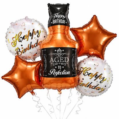 Aged To Perfection Birthday Balloon Bouquet Set – 5 Pcs | Fun Bottle Shaped Foil Balloons for Adult Birthday Party Decoration & Photo Backdrop