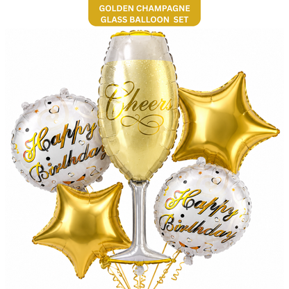 Golden Champagne Glass Birthday Balloon Bouquet Set – 5 Pcs | Premium Gold Star & Cheers Foil Balloons for Birthday Party Decoration & Photo Backdrop