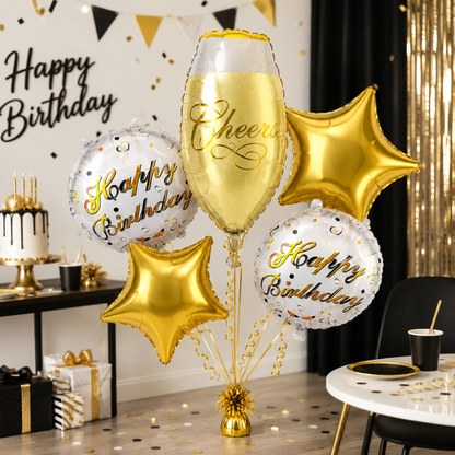 Golden Champagne Glass Birthday Balloon Bouquet Set – 5 Pcs | Premium Gold Star & Cheers Foil Balloons for Birthday Party Decoration & Photo Backdrop