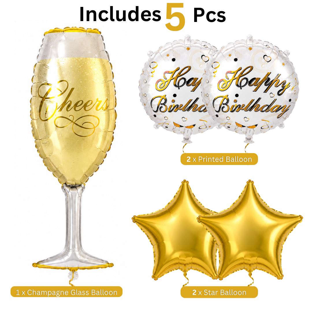 Golden Champagne Glass Birthday Balloon Bouquet Set – 5 Pcs | Premium Gold Star & Cheers Foil Balloons for Birthday Party Decoration & Photo Backdrop