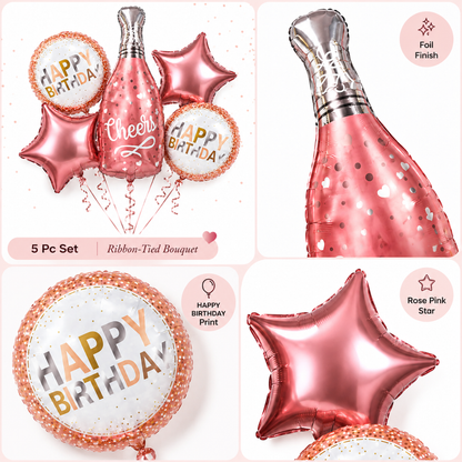Pink Champagne Bottle Birthday Balloon Bouquet Set – 5 Pcs | Pretty Pink Star & Cheers Foil Balloons for Birthday Party Decoration & Photo Backdrop