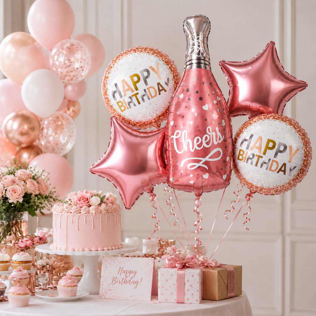 Pink Champagne Bottle Birthday Balloon Bouquet Set – 5 Pcs | Pretty Pink Star & Cheers Foil Balloons for Birthday Party Decoration & Photo Backdrop