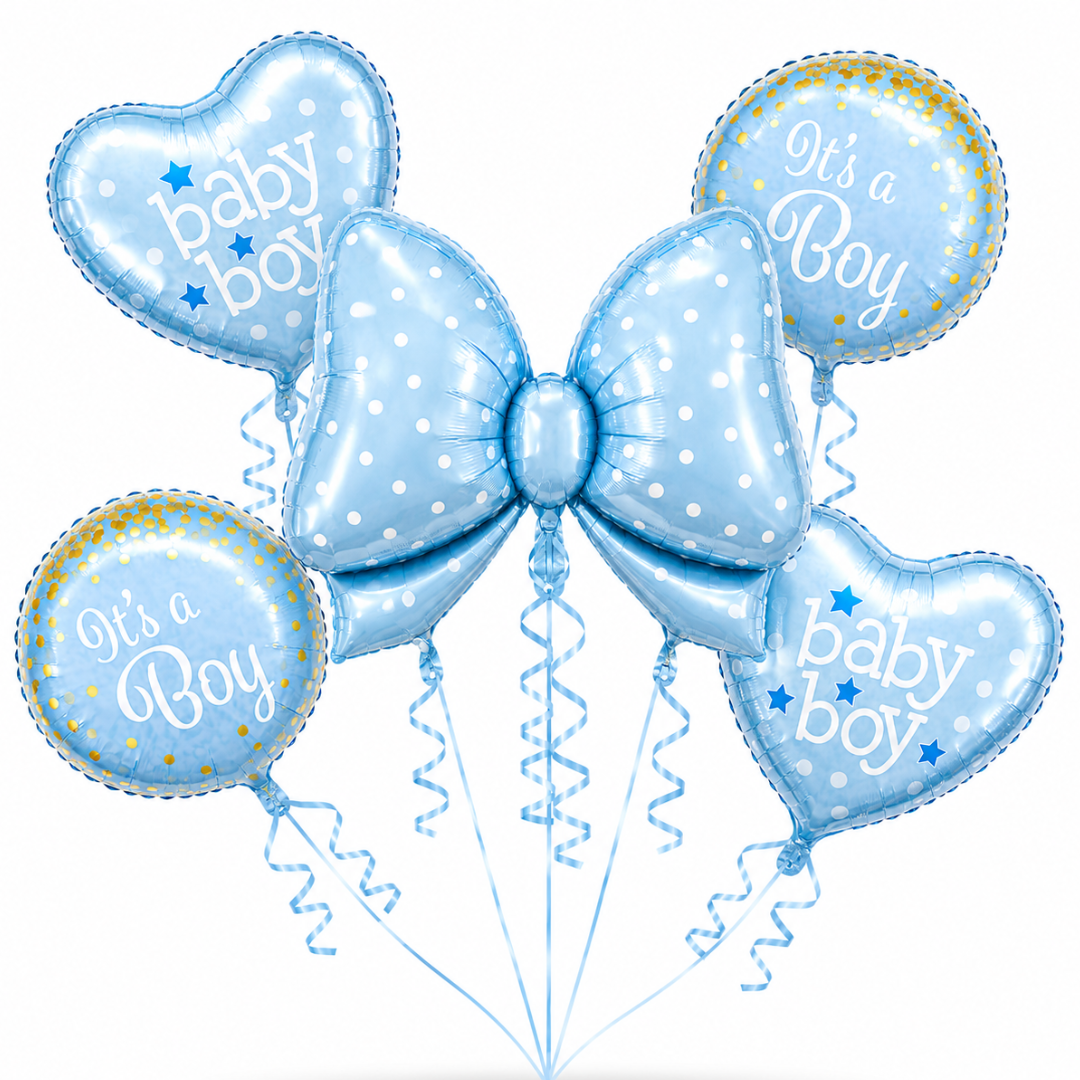 Blue Bow It’s a Boy Balloon Bouquet Set – 5 Pcs | Cute Blue Foil Balloons for Baby Shower, Welcome Baby Boy & Newborn Room Decoration