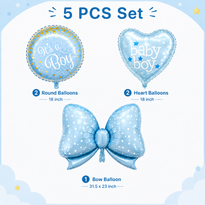 Blue Bow It’s a Boy Balloon Bouquet Set – 5 Pcs | Cute Blue Foil Balloons for Baby Shower, Welcome Baby Boy & Newborn Room Decoration